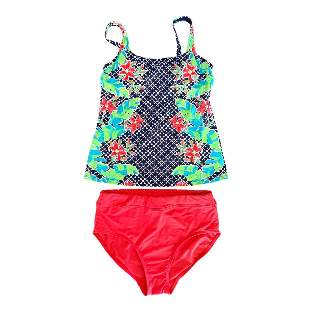 Lands End Womens Floral Trellis Tankini Set Red Blue Swimsuit‎ Size 6